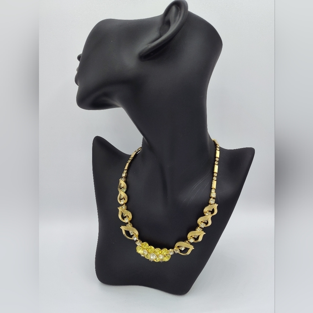 Sarah Coventry Monte Carlo 1961 Gold Leaf Yellow Clear Rhinestone Necklace